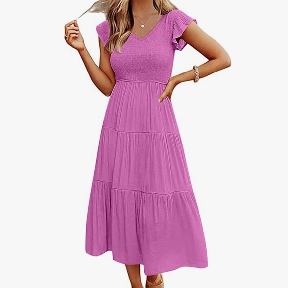 Flutter Sleeve Midi Dress Pink - Picture 1 of 7